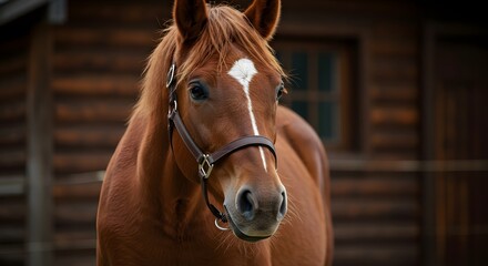 Fototapeta premium Brown Horse Headshot with Rustic Cabin Background