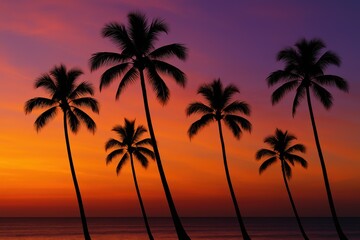 Tropical paradise with palm tree silhouettes at vibrant sunset