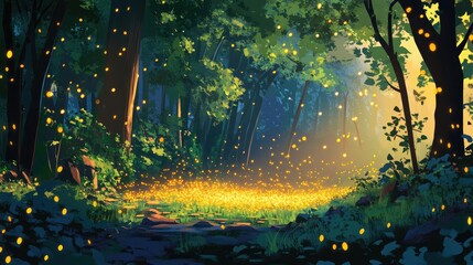 A vivid image of a swarm of fireflies lighting up a dense summer forest at twilight
