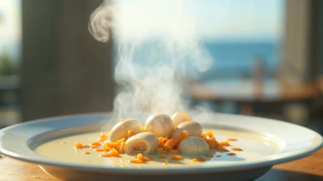 White Steam Rising from Clam Chowder &ndash; Seaside Restaurant Window Animation