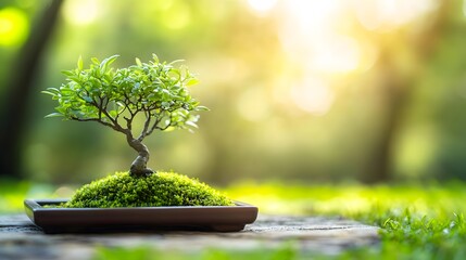 Miniature Bonsai Tree in Pot, Green Moss, Nature Background