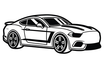 Naklejka premium Black and White Illustration of a Modern Muscle Car with Sleek Design and Racing Stripes vector automotive image