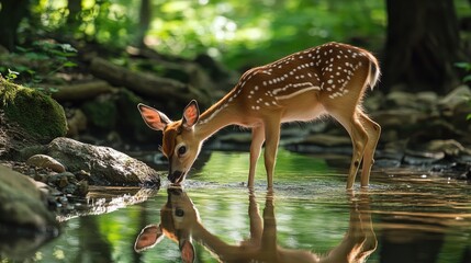 A young deer cautiously stepping into a shallow forest stream