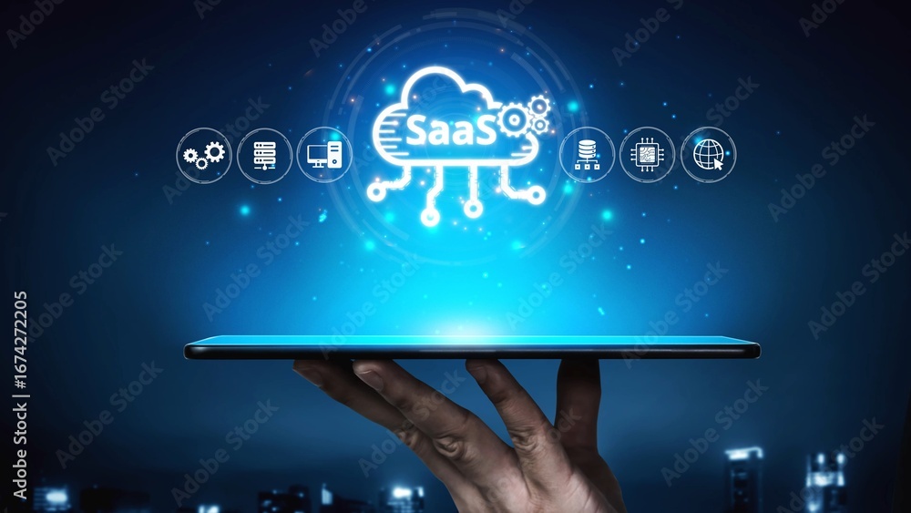 Aufkleber visual representation of saas showing infrastructure, saas deployment, saas platform features, and s