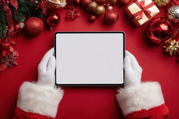 Santa Holding Ebook Gadget Isolated Bright Vivid Vibrant Red Maroon Color Background. Santa Claus Gloved Hand Presenting White Digital Tablet Blank Screen MockUp. Christmas Gifts Buying. Empty border