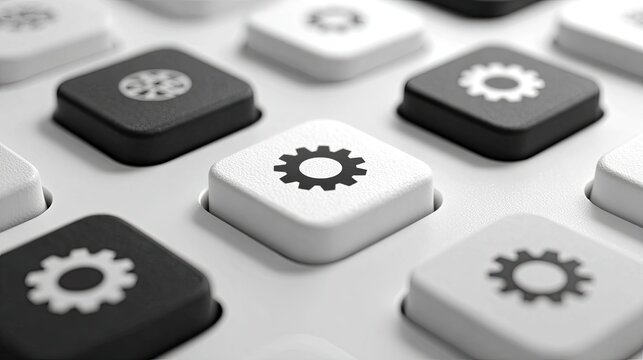 Close-up of square, black and white buttons, each with a gear icon.  Rows of buttons in a grid pattern.  3D rendering style