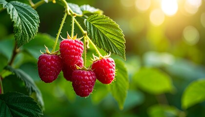 Fresh raspberries on a sunny branch