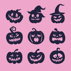 Nine halloween pumpkins with different facial expressions on a pink background isolated on transparent background