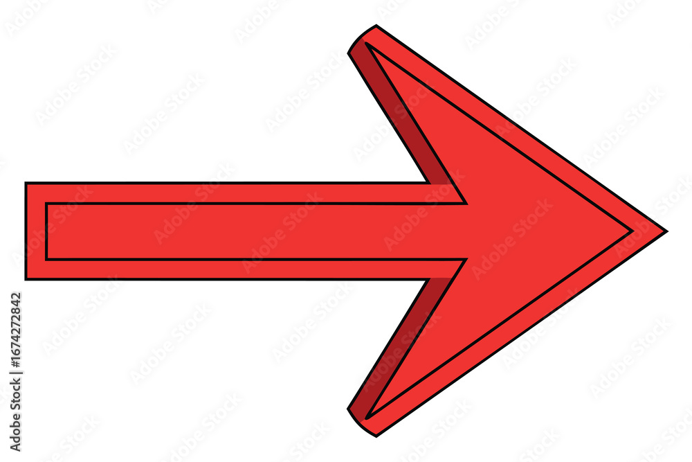 Poster bold red arrow pointing rightward symbol of direction guidance and navigation with clear outline on 
