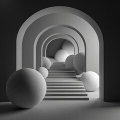 Gray archway hallway with spheres and steps
