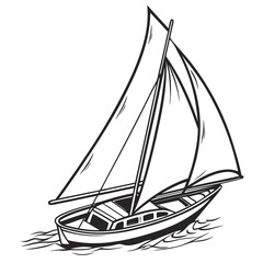 Black and white illustration of a sailboat with full sails moving through the water