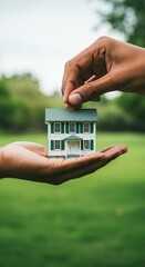 Hand holding a miniature house, symbolizing real estate investment, property ownership, and home buying.