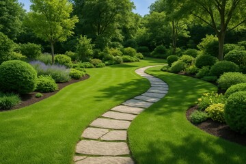 Naklejka premium Serene Garden Pathway Through Manicured Green Lawn in Residential Landscape Design