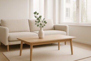 Fototapeta premium Scandinavian-inspired living room with natural ceramics and fresh eucalyptus branches on oak coffee table