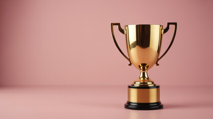 A high-quality product photograph of a golden trophy cup against a solid pink background.