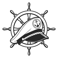 Nautical emblem featuring a ship captains hat and ship steering wheel with anchor symbol
