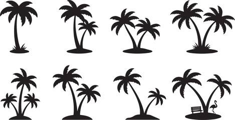 Fototapeta premium Palm trees in a variety of poses and styles, including some with coconuts, depicted in a black and white silhouette design.