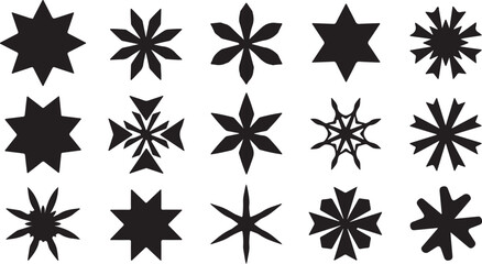 Collection of Fifteen Black Starburst and Snowflake Silhouettes on White Background geometric abstract