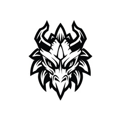 Graphic illustration of a fierce dragon's head, a powerful mythical creature with sharp horns and menacing eyes, rendered in a bold black and white style