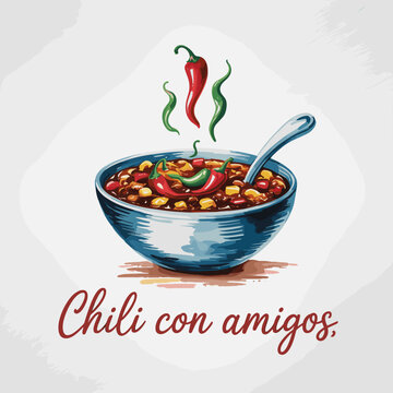 Steaming Bowl of Chili with Peppers Illustration