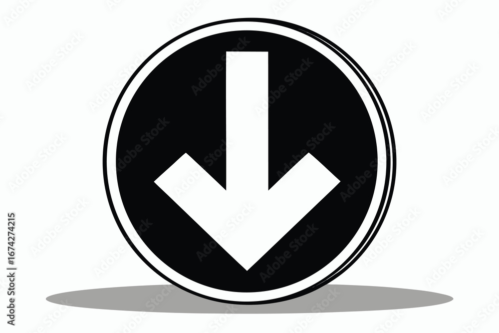 Poster directional sign with downward arrow in black circle for guidance and navigation white symbol on dar
