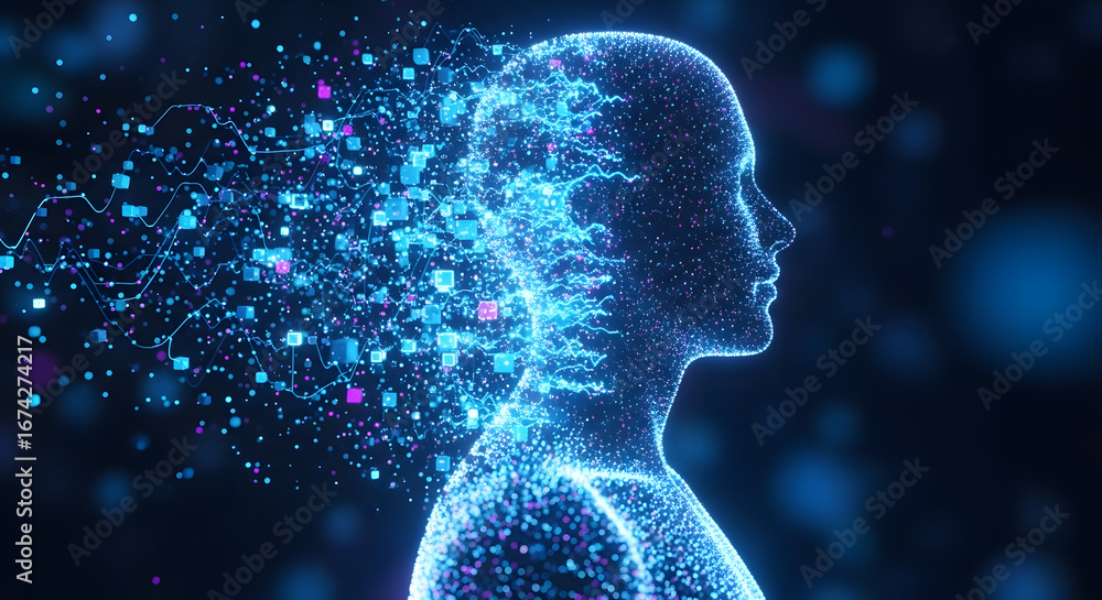 Poster artificial intelligence human head with abstract digital particle explosion concept