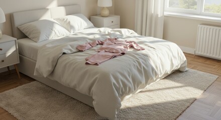 Bright Modern Bedroom with White Bed and Soft Pink Clothing on Bed