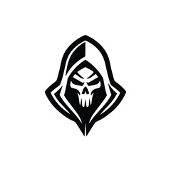 Grim reaper skull logo graphic in black and white, representing death and mystery