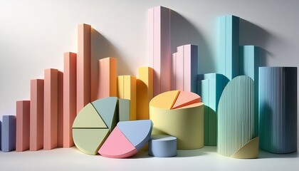 vibrant 3d graphs and pie charts in colorful pastels showcase dynamic data visualization casting playful shadows on a white surface
