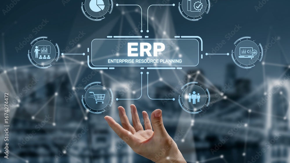 Poster erp platform visual showing centralized system for enterprise resource planning, improving integrati