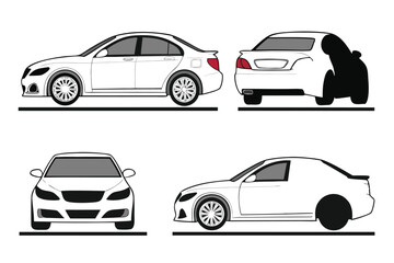 Obraz premium Four Views of a Sleek White Sedan Vehicle for Automotive Design and Illustration Projects Graphic Elements Collection