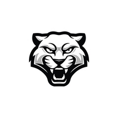 Fierce wildcat head illustration in a bold black and white style, a powerful emblem of a snarling panther or cougar for a sports team mascot