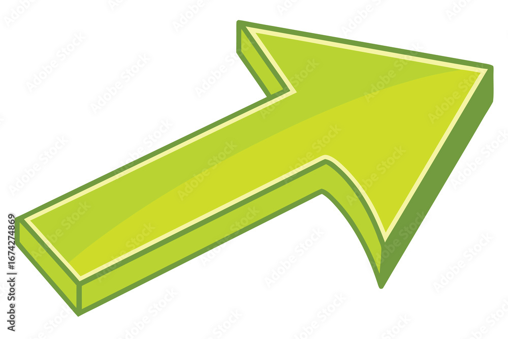Poster green arrow pointing upward right with a three dimensional effect on a white background for directio