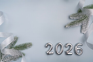 Festive flat lay with silver 2026 balloons, wrapped gifts, and winter holiday decorations on a...