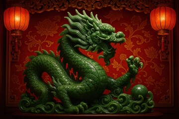 Obraz premium Majestic jade dragon sculpture with intricate traditional Chinese artistry and ceremonial lighting