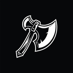 Axe Logo Design - A Stylized Illustration of a Battle Axe with a Sharp Blade and Wooden Handle on a Black Background