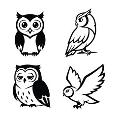 Set of black and white owl logos showcasing diverse poses and designs for various applications