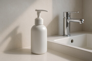 White Facewash Pump Mockup in Washroom Setting