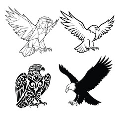 Set of four stylized eagle illustrations, showcasing diverse artistic interpretations of the majestic bird
