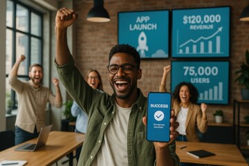 Innovative tech startup founder launching revolutionary app from modern co-working space with celebration