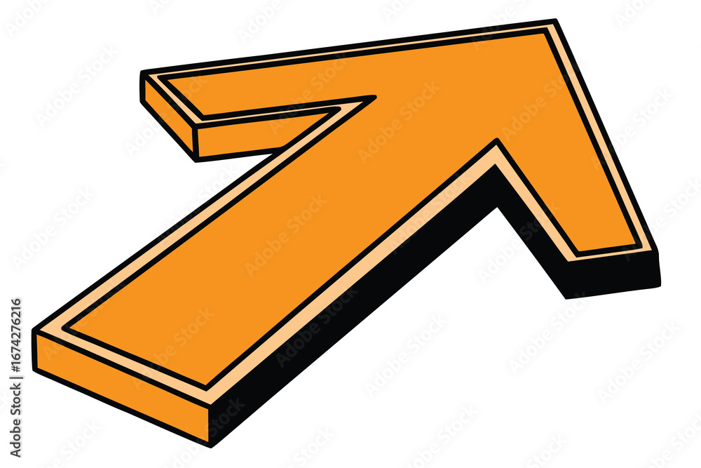 Poster orange arrow pointing upward and right with black shadow and outline on white background showing dir