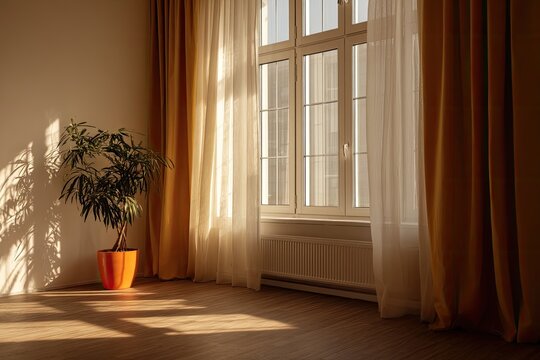 Sunlit room with orange curtains