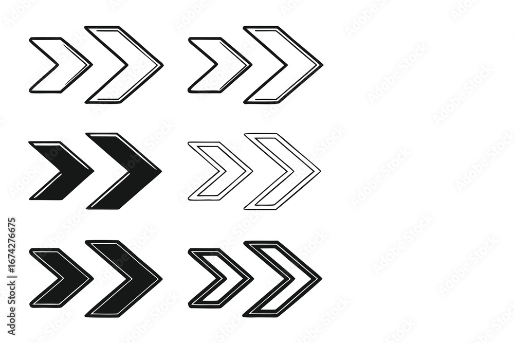Poster set of geometric right direction arrow illustrations in various styles for web design and user inter