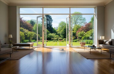 Fototapeta premium Spacious room with polished hardwood flooring and tall glass windows offering tranquil green garden views, bathed in abundant natural sunlight during midday
