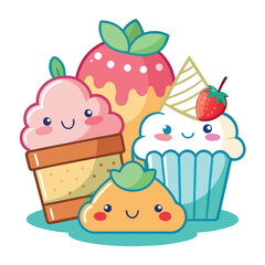 A delicious set of cartoon cupcakes and cakes with sweet strawberry and chocolate cream on a seamless vector pattern