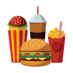 A fast food icon set illustration featuring a delicious hamburger, fries, and a refreshing cola drink