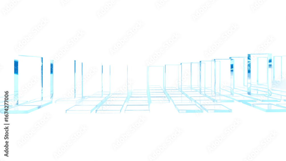 Poster 3d light blue background with row of glass transparent square plates abstract curve wave line patter