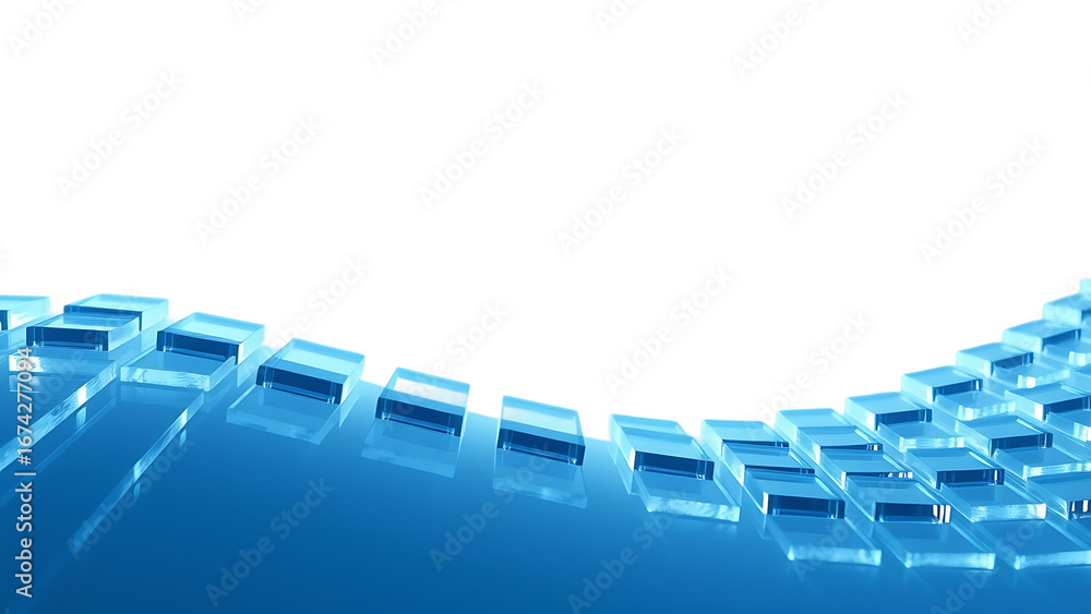 Poster 3d light blue background with row of glass transparent square plates abstract curve wave line patter