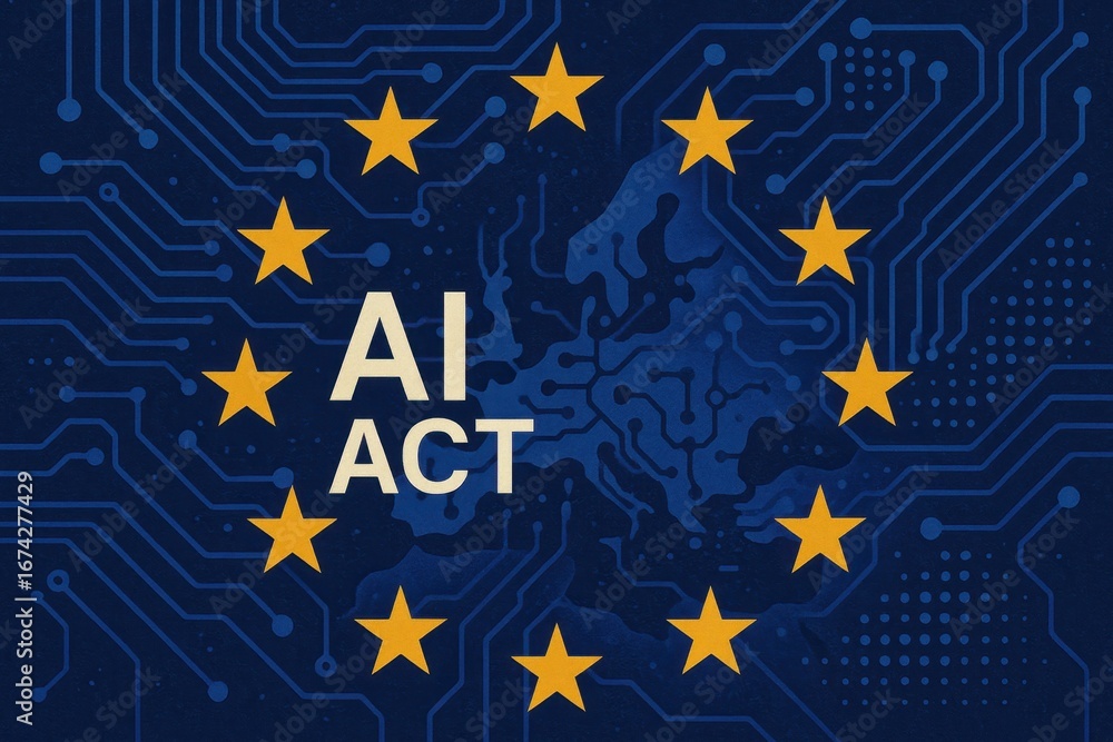 Poster european union ai regulation concept with digital network and eu flag integration