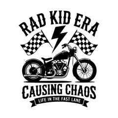 Rebellious Typography Poster with Motorcycle Illustration and the Phrase 'Rad Kid Era Causing Chaos'